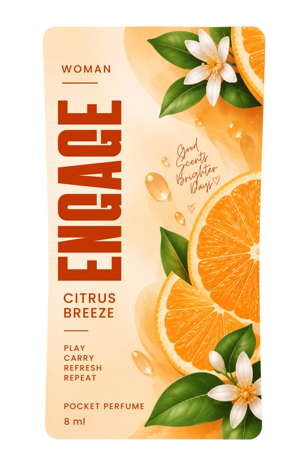 ENGAGE Citrus Breeze pocket perfume packaging in orange and cream